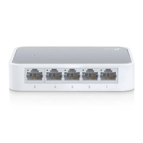 White network switch with five Ethernet ports on a white background