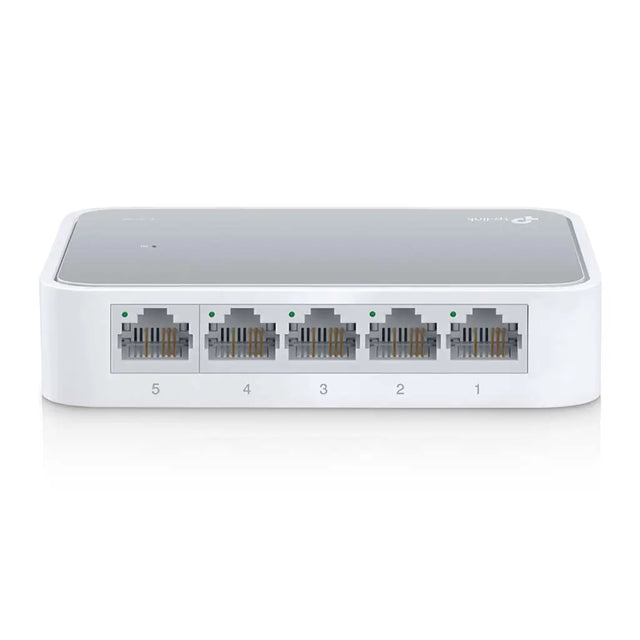 White network switch with five Ethernet ports on a white background