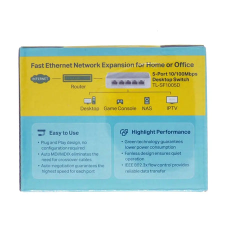 Network switch packaging with text on a white background