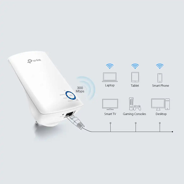 White Wi-Fi range extender with connectivity icons on a light gray background
