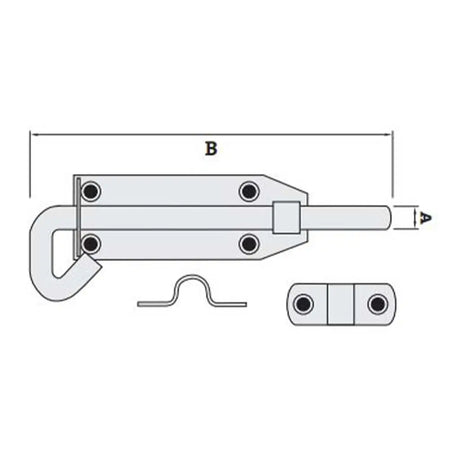Technical drawing of a metal latch with dimensions labeled on a white background