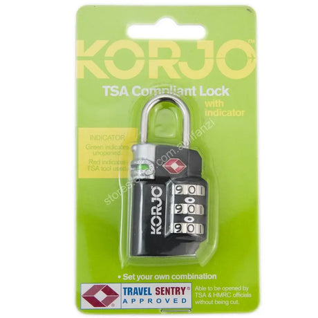 Korjo TSA compliant lock with indicator on a green packaging background
