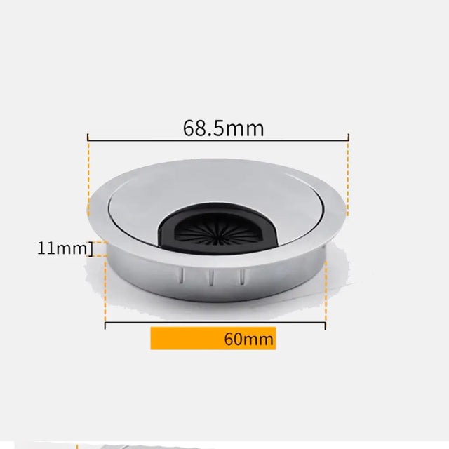 Round metallic object with dimensions labeled on a white background