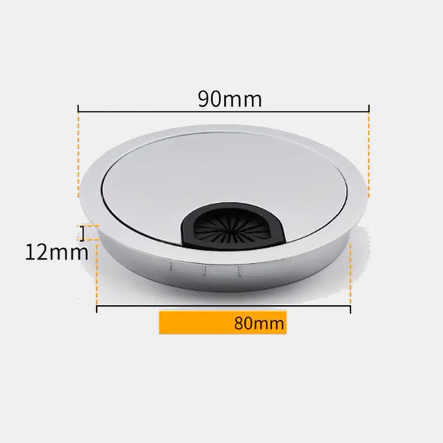 Round metallic object with dimensions labeled on a white background