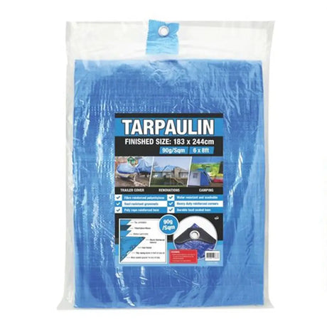 Blue tarpaulin in packaging with product details on a white background