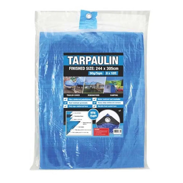 Blue tarpaulin in packaging with product details on a white background
