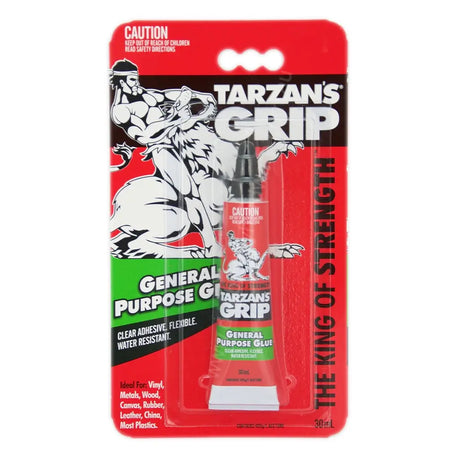 Packaging of Tarzan's Grip general purpose glue with graphics and text on a white background
