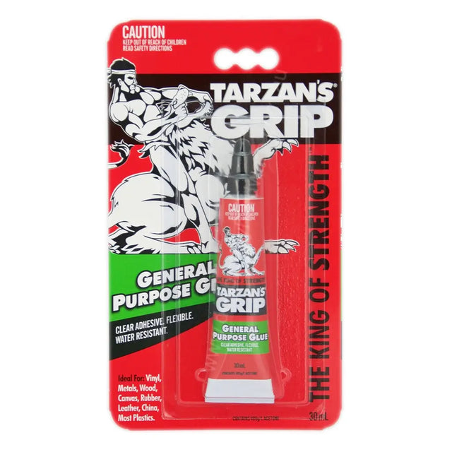 Packaging of Tarzan's Grip general purpose glue with graphics and text on a white background