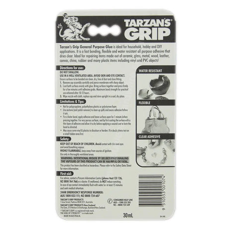 Back of a Tarzan's Grip packaging with product details and usage instructions.