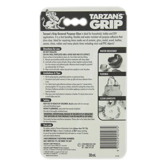 Back of a Tarzan's Grip packaging with product details and usage instructions.