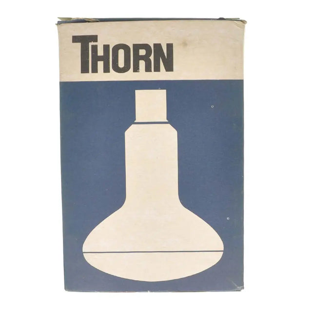 Vintage Thorn light bulb packaging with a blue background and beige top.