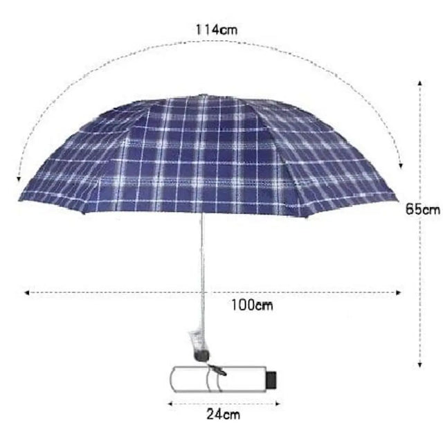 Blue plaid umbrella with measurements on a white background