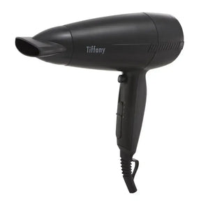 Black hair dryer with 'Tiffany' branding on a white background