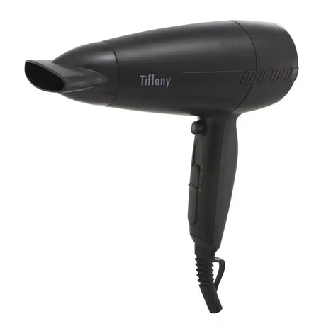 Black hair dryer with 'Tiffany' branding on a white background