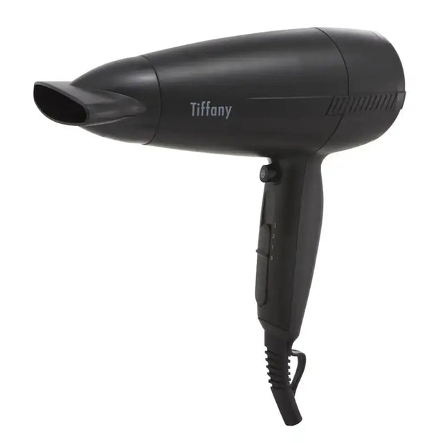 Black hair dryer with 'Tiffany' branding on a white background
