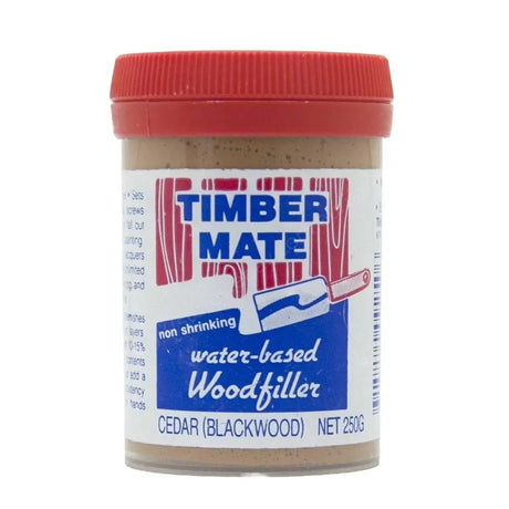 Jar of Timber Mate water-based woodfiller with a red lid on a white background