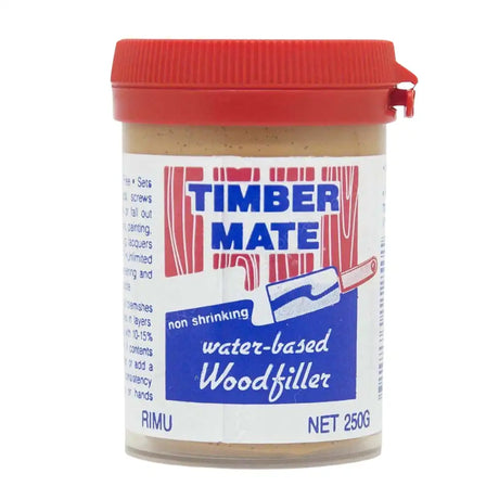 Jar of Timber Mate water-based woodfiller with red lid on a white background
