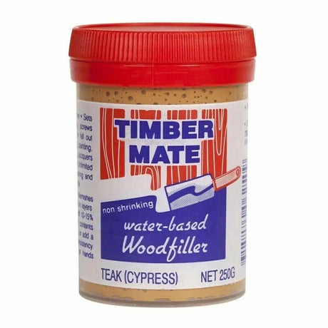 Jar of Timber Mate water-based woodfiller with red lid on a white background