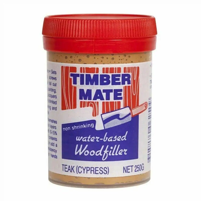Jar of Timber Mate water-based woodfiller with red lid on a white background