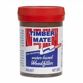 Jar of Timber Mate water-based wood filler with red lid on a white background