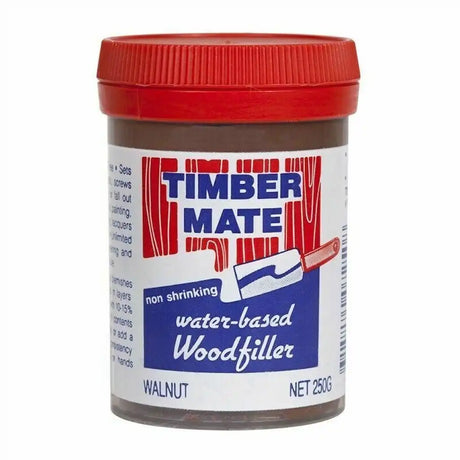 Jar of Timber Mate water-based wood filler with red lid on a white background