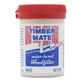 Jar of Timber Mate water-based woodfiller with red lid on a white background
