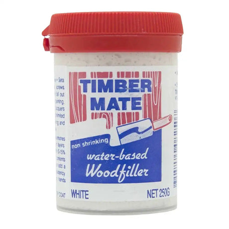 Jar of Timber Mate water-based woodfiller with red lid on a white background