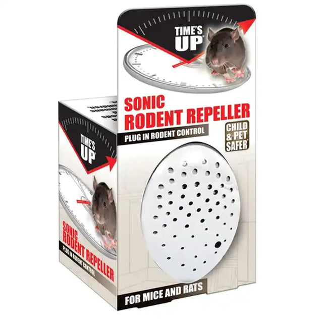 Time's Up Sonic Rodent Repeller retail packaging, showing the white oval plug-in device on the front of the box, with a mouse photo and product text on a clean white background.
