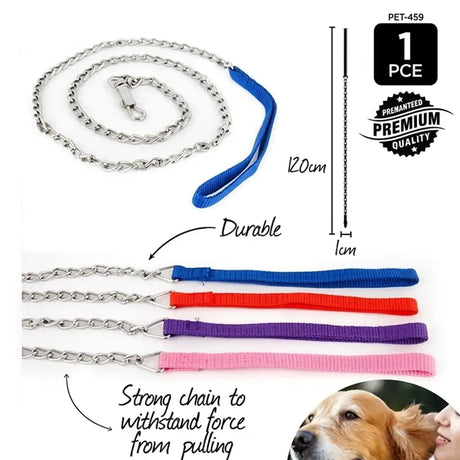 Dog leashes with chain and different colored straps, showing durability and strength.