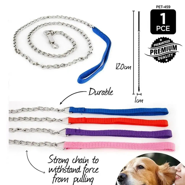 Dog leashes with chain and different colored straps, showing durability and strength.