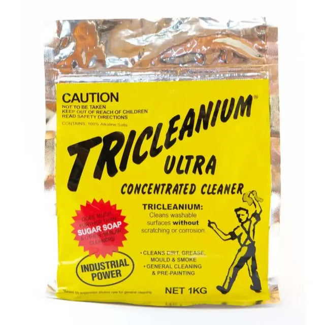 Tricleanium Ultra Concentrated Cleaner packaging with yellow label and black text.