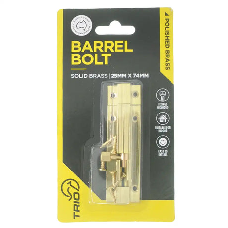 Barrel bolt packaging with clear window showing the brass bolt on a black and yellow background.