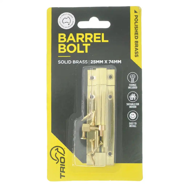 Barrel bolt packaging with clear window showing the brass bolt on a black and yellow background.