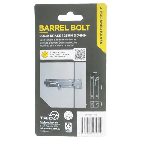 Packaging of a barrel bolt with TRIO branding on a white background