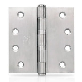 Metallic door hinge on a white background