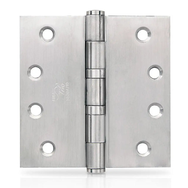 Metallic door hinge on a white background