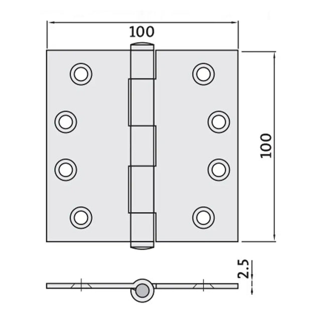 Technical drawing of a metal hinge with dimensions