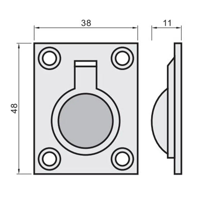 Technical drawing of a square component with circular holes and dimensions