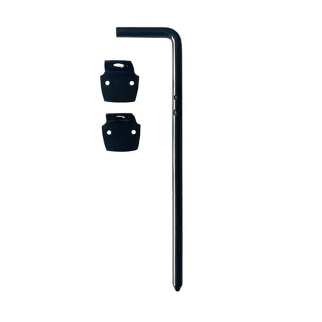 Black metal bracket with two attachments on a white background