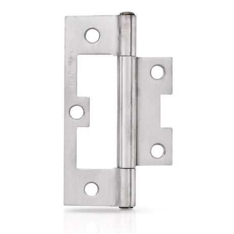 Metallic door hinge on a white background