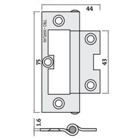 Technical drawing of a metal latch with dimensions