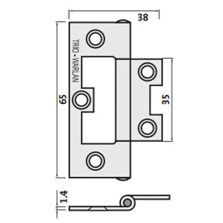 Technical drawing of a metal hinge with dimensions labeled