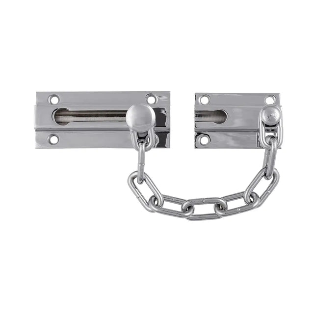 Metal door chain lock on a white background
