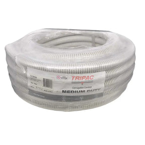 Coiled medium-duty corrugated conduit with Tripac branding on a white background