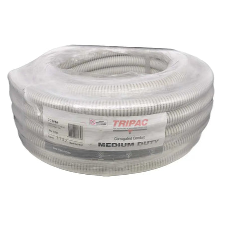 Coiled medium-duty corrugated conduit with Tripac branding on a white background