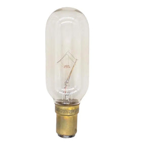 Clear light bulb with brass base on a white background