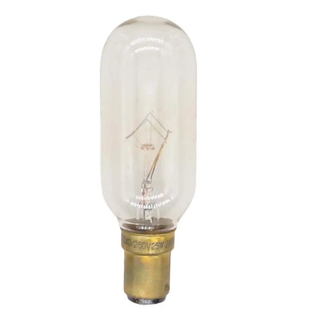 Clear light bulb with brass base on a white background