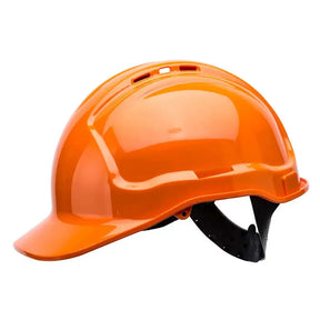 A bright orange hard hat with a glossy finish and a black adjustable chin strap, shown from a side profile on a white background.