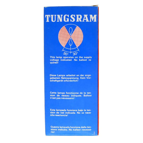 Tungsram lamp packaging with blue background and white text