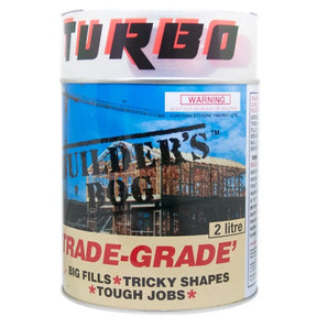 Can of 'Builder's Hog Turbo' trade-grade paint with a warning label on a white background